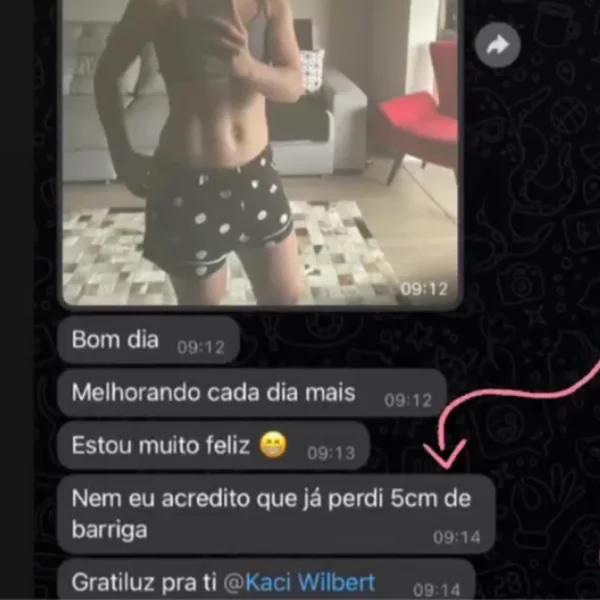 Depoimento de aluna no Whatsapp — perdeu 5cm de barriga